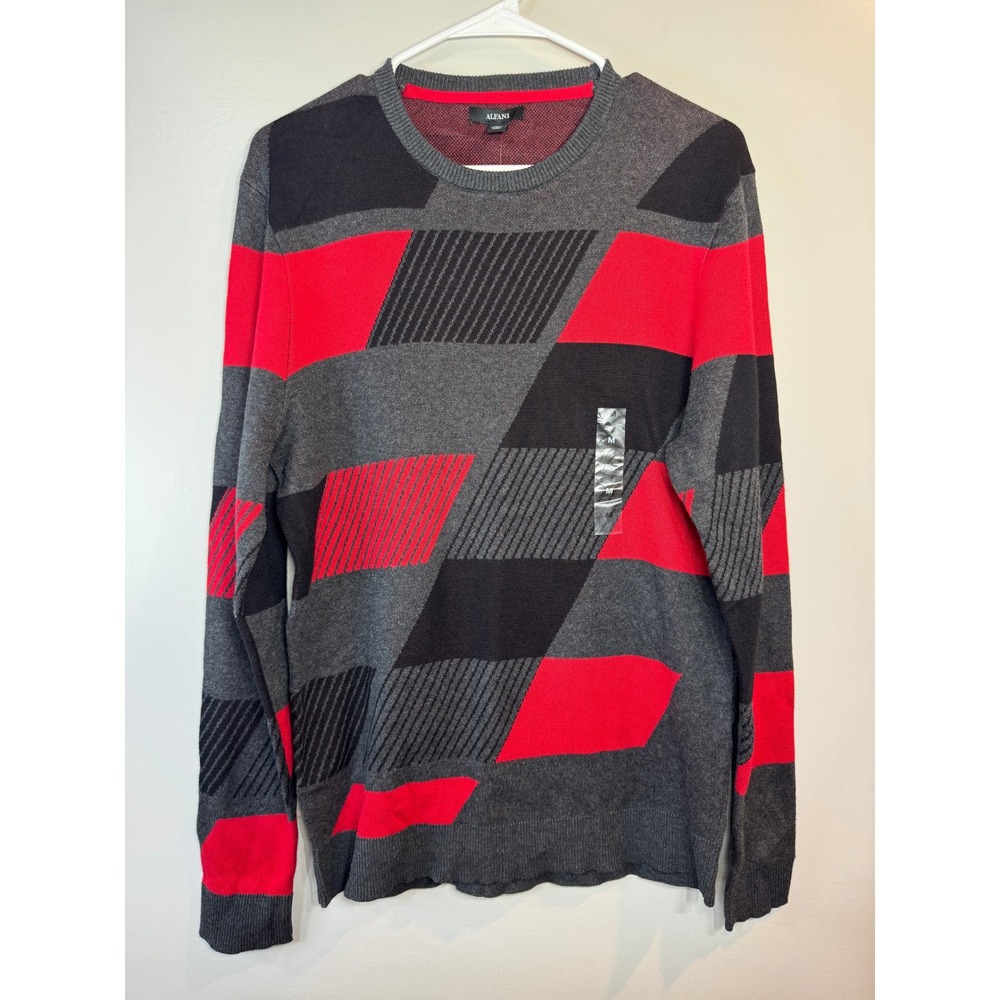 Alfani Mens Cotton‎ Geometric Colorblock Crew Neck Sweater Red Grey Black Mens M